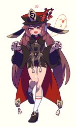 1girl absurdres bead_bracelet beads bike_shorts black_nails boo_tao_(genshin_impact) bracelet brown_hat brown_jacket brown_shoes brown_shorts claw_pose fang fingernails flat_chest genshin_impact ghost hamma hat highres hu_tao_(genshin_impact) jacket jewelry long_fingernails long_hair looking_at_viewer open_mouth pink_hair red_eyes red_lining shoes shorts sidelocks simple_background skin_tight smile socks solo standing standing_on_one_leg tassel twintails white_background white_socks wide_hips wide_sleeves