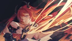 1girl :o arknights arm_out_of_sleeve bare_back bare_shoulders chinese_commentary commentary fire flaming_weapon floating_hair from_side glowing glowing_weapon hair_intakes highres holding holding_sword holding_weapon horns long_hair looking_at_viewer looking_to_the_side off_shoulder open_mouth purple_eyes red_hair shieryue164 shoulder_blades slit_pupils solo surtr_(arknights) sword teeth upper_body upper_teeth_only weapon