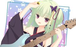 Rule 34 | 1girl, :d, absurdres, bare shoulders, black kimono, blunt bangs, blunt ends, breasts, butterfly hair ornament, collarbone, commentary, criss-cross halter, dutch angle, eyes visible through hair, gradient background, green hair, guitar, hair intakes, hair ornament, hair ribbon, halterneck, hands up, happy, highres, hime cut, holding, holding guitar, holding instrument, holding plectrum, instrument, japanese clothes, kaon zz, kimono, long hair, long ribbon, long sleeves, looking at viewer, murasame (senren), open mouth, paid reward available, plectrum, purple ribbon, red eyes, ribbon, senren banka, sidelocks, simple background, small breasts, smile, solo, straight hair, upper body, wide sleeves