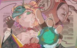 1girl aqua_eyes aqua_mask aqua_nails black_gloves blonde_hair choker clothing_request fingerless_gloves fingernails flower flower_choker frilled_choker frills gloves hannya highres holding holding_mask looking_at_viewer mask mask_on_head multicolored_nails noh_mask noka_works original purple_nails reaching reaching_towards_viewer red_choker red_flower red_nails smirk solo teeth upper_body