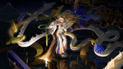 1girl absurdres arknights bare_shoulders beads belt blonde_hair blue_hair colored_extremities commentary dragon dragon_girl dragon_horns dragon_tail earrings eastern_dragon floating floating_object floating_sword floating_weapon full_body green_eyes hair_intakes highres horns jacket jewelry long_hair long_sleeves looking_at_viewer magic multicolored_hair necklace night off_shoulder open_mouth outdoors pants pink_hair plant pointy_ears reflection reflective_water shu_(arknights) smile solo sparkle strapless sword tail the_horse. tube_top very_long_hair water weapon white_belt white_jacket white_pants white_tube_top