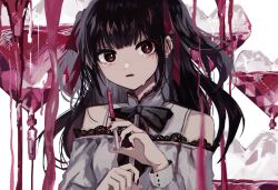 Rule 34 | 1girl, bare shoulders, black bow, black bowtie, black hair, blurry, blurry foreground, bow, bowtie, brown bow, commentary request, danjou sora, depth of field, dress, ear piercing, earrings, fingernails, hair ribbon, hands up, heart, highres, holding, holding syringe, intravenous drip, jewelry, lace, lace-trimmed dress, lace trim, long hair, looking at viewer, mole, mole under eye, nail polish, off-shoulder dress, off shoulder, original, parted lips, piercing, red eyes, red nails, red ribbon, revision, ribbon, shirt, sleeveless, sleeveless shirt, solo, syringe, tears, two side up, white background, white dress, white shirt
