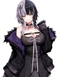 Rule 34 | 1girl, black coat, black dress, black hair, breasts, cleavage, coat, dress, grey hair, highres, hololive, hololive english, kushinaka, large breasts, multicolored hair, shiori novella, shiori novella (1st costume), simple background, solo, split-color hair, virtual youtuber, white background, yellow eyes