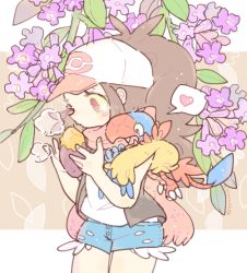 1girl antenna_hair archen baseball_cap black_vest blue_shorts brown_hair cowboy_shot creatures_(company) cutoffs flower food game_freak gen_5_pokemon hands_up hat heart hilda_(pokemon) katiko leaf long_hair nintendo on_shoulder open_clothes open_vest pink_eyes pink_headwear pink_scarf pokemon pokemon_(creature) pokemon_bw pokemon_on_shoulder ponytail purple_flower roasted_sweet_potato scarf shorts speech_bubble spoken_heart steam sweet_potato twitter_username two-tone_headwear vest white_headwear wide_ponytail