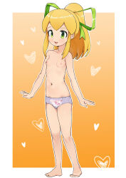 1girl absurdres araimelon barefoot blonde_hair breasts commission feet full_body green_eyes heart highres legs loli long_hair mega_man_(series) navel nipples open_mouth panties pixiv_commission ponytail ribbon roll_(mega_man) small_breasts smile solo standing stomach thighs toes topless_female underwear underwear_only white_panties