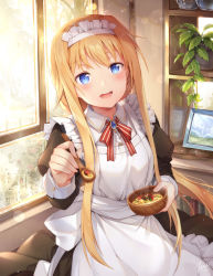 1girl alice_zuberg apron black_dress blonde_hair blue_eyes blush commentary_request dress female_focus food hairband highres holding holding_spoon long_hair looking_at_viewer maid open_mouth revision smile solo soup spoon sword_art_online taro_(ultrataro) very_long_hair white_apron white_hairband window