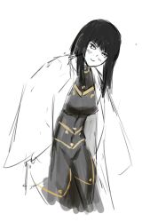 Rule 34 | 1girl, abs, black hair, bodysuit, breasts, cesara (project moon), coat, hime cut, limbus company, limited palette, looking at viewer, project moon, sketch, smile, thighs