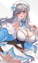 1girl armpits bare_shoulders beret black_corset blue_bow blue_bowtie blue_jacket blue_skirt blush bow bowtie braid breasts center_frills cleavage cleavage_cutout clothing_cutout commentary_request corset cosplay crossed_bangs dan&#039;in-san_(shirogane_noel) dress fingernails flower frilled_skirt frilled_thighhighs frills fur-trimmed_jacket fur_trim green_eyes grey_hair hair_flower hair_ornament halter_dress halterneck hand_on_own_chest hat heart highres hololive jacket large_breasts leather_belt long_hair long_sleeves looking_at_viewer open_clothes open_jacket rum_raisin_(chihiromakita19) shirogane_noel side_braid simple_background single_braid skirt smile solo thighhighs virtual_youtuber white_background yukihana_lamy yukihana_lamy_(cosplay) zettai_ryouiki