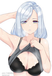 1girl :o amai-pai arm_behind_head arm_up armpits artist_name bare_arms bare_shoulders black_bra blue_eyes bra camisole camisole_lift clothes_lift collarbone genshin_impact highres lifting_own_clothes long_hair looking_at_viewer parted_lips pixiv_id shenhe_(genshin_impact) silver_hair simple_background solo steaming_body sweat swept_bangs twitter_username underwear upper_body white_background