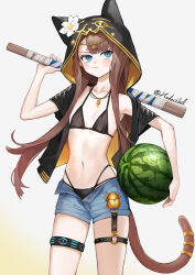1girl absurdres animal_hood arknights beruko14 bikini black_bikini black_jacket blue_eyes blue_shorts brown_hair brown_tail cat_girl cat_hood denim denim_shorts flower food fruit garter_straps gradient_background grey_background highres holding holding_food holding_fruit holding_watermelon hood hood_up hooded_jacket infection_monitor_(arknights) jacket long_hair looking_at_viewer navel open_clothes open_fly open_jacket open_shorts pepe_(arknights) scarab short_shorts shorts solo swimsuit tail tail_ornament tail_ring twitter_username watermelon white_flower