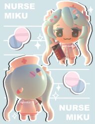 1girl 3d alternate_costume aqua_hair bandaged_arm bandages blush chibi chibi_only dress english_text hair_ornament hat hatsune_miku highres large_syringe lavy_(lavnko) long_hair nurse nurse_cap oversized_object pill pill_hair_ornament smile sparkle syringe very_long_hair vocaloid x_hair_ornament
