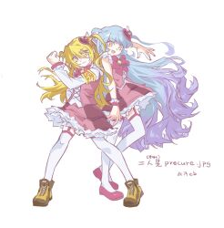 Rule 34 | 2girls, armband, blonde hair, blue hair, bow, brown shoes, clenched hand, e.g.o (project moon), fuhao, garter straps, hair ornament, heart, heart hair ornament, highres, in the name of love and hate (e.g.o), large bow, limbus company, lobotomy corporation, lobotomy corporation (identity) (project moon), long hair, long sleeves, multiple girls, nail polish, pink shoes, pink skirt, pink vest, project moon, purple hair, queen of hatred, shirt, shoes, simple background, skirt, thighhighs, translation request, very long hair, vest, white background, white shirt, white thighhighs, yellow armband, yellow eyes