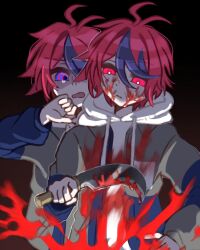 ahoge black_background blood blood_on_clothes blood_on_face bloody_knife bloody_weapon blue_eyes blue_jacket closed_mouth gradient_background grey_jacket hair_between_eyes hand_up holding holding_knife holding_weapon jacket knife messy_hair multicolored_eyes multicolored_hair multicolored_jacket open_mouth purple_hair red_background red_eyes red_hair simple_background streaked_hair sumino_takumi takumi-g_(hundred_line) the_hundred_line_-last_defense_academy- weapon
