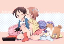 2girls 50yen_(gojiue) ass black_hair blush brown_hair casual closed_eyes collarbone controller copyright_name dog frilled_pillow frills game_console game_controller hair_bobbles hair_ornament hair_ribbon heart heart-shaped_pillow holding hood hoodie ichigo_mashimaro imminent_kiss itou_chika matsuoka_miu multiple_girls one_eye_closed panties pillow playstation_2 polka_dot raglan_sleeves ribbon satake_(ichigo_mashimaro) side_ponytail sitting skirt skirt_tug socks twintails underwear white_panties yuri