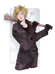Rule 34 | 1boy, absurdres, alternate costume, baseball bat, black gloves, black pants, black shirt, blonde hair, blue eyes, cloud strife, final fantasy, final fantasy vii, gloves, heart, highres, holding, holding baseball bat, light smile, male focus, nail (hardware), nail bat, pants, robasarel, shirt, spiked hair, spoken heart