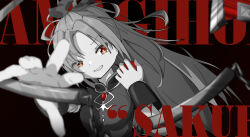 1girl apple bare_shoulders black_background bow bright_pupils character_name chest_jewel collared_dress commentary copyright_name detached_sleeves dress english_commentary eyelashes fighting_stance food fruit gem greyscale grin hair_bow high_collar high_ponytail highres holding holding_food holding_fruit holding_weapon long_hair long_sleeves looking_at_viewer magical_girl mahou_shoujo_madoka_magica mahou_shoujo_madoka_magica_(anime) monochrome nunchaku parody parted_bangs polearm ponytail red_eyes red_gemstone sakura_kyoko sakura_kyoko_(magical_girl) schuschuschultz simple_background sleeveless sleeveless_dress smile smug solo spear spot_color tsurime upper_body very_long_hair weapon white_pupils wrist_cuffs zenless_zone_zero