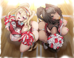 2girls areola_slip ass ass-to-ass ass_press bandaid bandaids_on_nipples bare_shoulders bay_(nikke) black_choker black_hair black_thighhighs blonde_hair blush breast_curtains breasts brown_eyes cheerleader choker clay_(nikke) closed_mouth clothes_lift covered_erect_nipples crop_top dark-skinned_female dark_skin earrings from_above goddess_of_victory:_nikke hair_between_eyes hair_intakes hairband highleg highleg_panties highres holding holding_pom_poms jewelry large_breasts long_hair looking_at_viewer looking_up miniskirt mole mole_under_eye mole_under_mouth multicolored_hair multiple_girls open_mouth panties parted_lips pasties pleated_skirt pom_pom_(cheerleading) pom_poms ponytail red_eyes red_skirt rewind_(nikke) satou_daiji see-through_clothes shirt_lift skirt smile squatting star_(symbol) star_in_eye streaked_hair sweat symbol_in_eye tan tanline thighhighs thong tongue tongue_out torn_clothes torn_thighhighs twintails two-tone_footwear two-tone_skirt two-tone_tank_top underboob underwear very_long_hair visor_cap whistle whistle_around_neck white_panties wooden_floor
