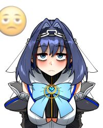 1girl bags_under_eyes black_hair black_sleeves blue_eyes blue_gemstone blue_ribbon breasts chain chain_headband closed_mouth clothing_cutout commentary ddolbang detached_sleeves emoji frown gem heart-shaped_gem highres hololive hololive_english large_breasts looking_at_viewer medium_hair ouro_kronii ouro_kronii_(1st_costume) reference_inset ribbon shirt solo transparent_background underboob_cutout veil virtual_youtuber white_shirt