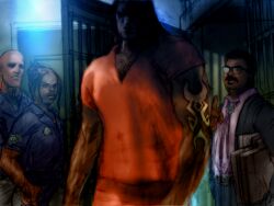 1girl 3boys arm_tattoo craig_marduk game_cg kawano_takuji long_hair multiple_boys official_art orange_shirt police police_uniform policeman policewoman prison prison_cell prison_clothes shade shirt solo_focus tall_male tattoo tekken tekken_4