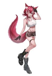 1girl absurdres animal_ear_fluff animal_ears bare_arms bare_shoulders black_boots black_choker black_gloves blue_eyes boots braid brown_shorts choker crop_top crop_top_overhang dog_ears dog_girl dog_tail dolphin_shorts drawstring full_body gloves hand_up highres indie_virtual_youtuber komagami_fuuro leg_up long_hair looking_at_viewer maison_de_cante midriff multicolored_hair navel one_eye_closed open_mouth panty_straps red_hair second-party_source shirt short_shorts shorts simple_background single_braid sleeveless sleeveless_shirt smile solo stomach streaked_hair tail tank_top thigh_strap thighs virtual_youtuber white_background white_shirt