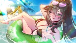 1a1acthulhu 1girl bikini black_bikini breasts choker cleavage cloud cup drinking_straw eyelashes green_eyes green_hair hair_between_eyes heart heart-shaped_eyewear heart_choker heart_o-ring highres holding holding_cup indie_virtual_youtuber innertube large_breasts long_hair multicolored_hair nail_polish nocturnalnerves o-ring o-ring_choker ocean one_eye_closed palm_tree parted_lips second-party_source sky solo streaked_hair sunglasses swim_ring swimsuit toenail_polish toenails tree virtual_youtuber wet yellow_nails