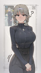 1girl ? azz0422 breasts game_screenshot_inset grey_eyes grey_hair highres jewelry large_breasts medium_hair necklace own_hands_together qr_code ribbed_sweater solo sweater zenless_zone_zero