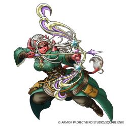 Rule 34 | 1girl, aiming, arrow (projectile), artist request, belt, boots, bow (weapon), brown boots, brown bridal gauntlets, brown corset, brown pants, circlet, colored skin, corset, dragon quest, dragon quest x, floating hair, full body, green robe, grin, heroine (dq10), holding, holding bow (weapon), holding weapon, horns, jewelry, long hair, multiple belts, necklace, official art, ogre (dq10), pants, pointy ears, red eyes, red horns, red skin, robe, shoulder spikes, smile, solo, spikes, tail, third-party source, weapon, white background, white hair