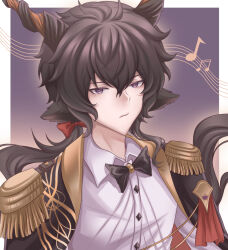 Rule 34 | 1boy, absurdres, animal ears, arknights, beamed eighth notes, black bow, black bowtie, black cape, black hair, border, bow, bowtie, buttons, cape, chinese commentary, closed mouth, collared shirt, commentary request, dress shirt, ebenholz (arknights), ebenholz (eine variation) (arknights), eighth note, epaulettes, expressionless, hair between eyes, highres, horns, long hair, looking at viewer, male focus, musical note, musical staff, official alternate costume, outside border, portrait, purple eyes, shen kong huajian, shirt, solo, traditional bowtie, white border, white shirt