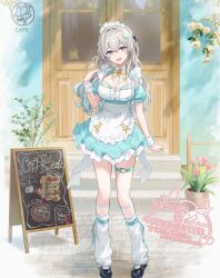 1girl :d alternate_costume apron aqua_dress aqua_hair aqua_nails black_shoes blonde_hair breasts cleavage commentary_request dress enmaided fingernails firefly_(honkai:_star_rail) frilled_apron frilled_hairband frills full_body gradient_hair grey_hair hairband hand_up highres honkai:_star_rail honkai_(series) large_breasts long_hair looking_at_viewer maid maid_apron maid_headdress multicolored_hair nail_polish omelet_tomato open_mouth puffy_short_sleeves puffy_sleeves purple_eyes shoes short_sleeves smile solo standing thigh_strap twitter_username very_long_hair waist_apron white_apron white_hairband white_wrist_cuffs wrist_cuffs
