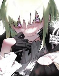 1boy absurdres androgynous ascot black_gloves black_jacket blurry closed_mouth colored_eyelashes depth_of_field gloves green_hair half_gloves highres jacket lio_fotia long_sleeves looking_at_viewer male_focus promare purple_eyes serious short_hair so-rann solo upper_body white_ascot wispy_bangs