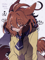 1girl :3 agnes_tachyon_(umamusume) ahoge animal_ears black_necktie black_shirt blush brown_hair cheek_squash closed_mouth collared_shirt disembodied_hand ears_back highres horse_ears horse_girl horse_tail huge_ahoge motion_lines musical_note necktie shirt short_necktie smile solo_focus speech_bubble spoken_musical_note sweater tail torasigure umamusume yellow_sweater