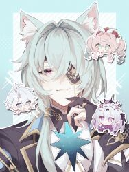 2boys 2girls absurdres anaxa_(honkai:_star_rail) aqua_hair black_jacket castorice_(honkai:_star_rail) chibi closed_mouth eyepatch fz7047 gloves hair_between_eyes highres honkai:_star_rail honkai_(series) hyacine_(honkai:_star_rail) jacket looking_at_viewer multiple_boys multiple_girls one_eye_covered open_mouth partially_fingerless_gloves phainon_(honkai:_star_rail) pink_pupils smile solo upper_body