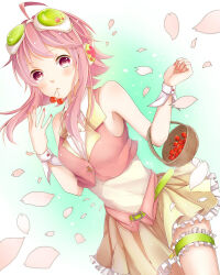 1girl basket belt blush cherry cropped_vest elbow_carry food frilled_skirt frilled_thigh_strap frills fruit goggles goggles_on_head gumi headphones highres holding holding_basket looking_at_viewer mai_mugi mouth_hold nail_polish petals pink_eyes pink_hair sakura_gumi short_hair_with_long_locks skirt solo thigh_strap vest vocaloid wrist_cuffs