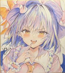 1girl bat_wings blush commentary_request hat heart highres mob_cap nenobi_(nenorium) pink_hat pink_shirt purple_hair remilia_scarlet shikishi shirt short_hair signature simple_background solo touhou traditional_media upper_body wings yellow_eyes