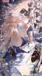 Rule 34 | 1boy, bandeau, bare shoulders, barefoot, blue bandeau, blue eyes, blue gemstone, blue shawl, blue skin, bracelet, calligraphy brush, changmingsuo, chinese commentary, closed mouth, collarbone, colored extremities, colored skin, curtained hair, dappled sunlight, falling petals, fins, foot out of frame, gem, half updo, head chain, head fins, head on knee, head rest, high ponytail, highres, holding, holding calligraphy brush, holding paintbrush, jewelry, jin gongmen wo de fengkuang xingqiwu, knee up, lake, lars rorschach, lily pad, long hair, looking at object, lotus leaf, lovebrush chronicles, male focus, midriff, multiple necklaces, necklace, official alternate hair color, official art, paintbrush, pants, parted bangs, pearl necklace, pectorals, petals, plant, ponytail, ripples, scroll, shawl, silver bracelet, sitting on water, smile, solo, sunlight, vines, waist cape, water, watermark, weibo watermark, white hair, white pants, wilted flower, writing, xiao guan (headdress)