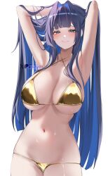 1girl acedia adjusting_hair alternate_costume armpits arms_up artist_name bare_shoulders bikini black_hair blue_eyes blue_hair blunt_bangs blush breasts cleavage colored_inner_hair commentary criss-cross_straps furrowed_brow gold_bikini golden_week golden_week_bikini hair_intakes highres hololive hololive_english large_breasts light_smile lips long_hair looking_at_viewer multicolored_hair navel official_alternate_hairstyle ouro_kronii presenting_armpit simple_background solo stomach sweat swimsuit virtual_youtuber white_background