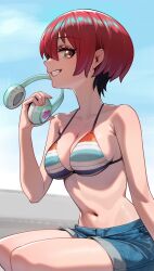 1girl amate_yuzuriha aqua_eyes bare_arms bare_shoulders bikini bikini_top_only black_hair blue_shorts blue_sky breasts cleavage commentary_request crescent crescent_earrings day denim denim_shorts earrings fingernails glint grin gundam gundam_gquuuuuux halterneck headphones headphones_removed highres holding holding_headphones jewelry large_breasts long_fingernails looking_at_viewer making-of_available multicolored_hair navel profile rakuga_kiya red_hair short_hair short_shorts shorts sideways_glance sideways_mouth sitting sky smile solo striped_bikini striped_clothes swimsuit tomboy two-tone_hair