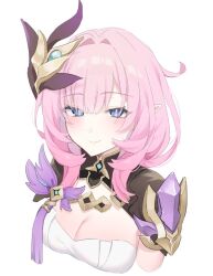 1girl blue_eyes breasts commentary_request corset cropped_torso elf elysia_(honkai_impact) elysia_(miss_pink_elf)_(honkai_impact) hair_ornament honkai_(series) honkai_impact_3rd large_breasts long_hair looking_at_viewer pink_hair pink_pupils pointy_ears ramao24 shrug_(clothing) simple_background smile solo white_background white_corset