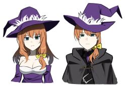 1boy 1girl asdf1211950 bare_shoulders black_cape black_souls bow cape closed_mouth collared_shirt commentary dorothy_(black_souls) dress genderswap genderswap_(ftm) hair_bow hat highres long_hair looking_at_viewer low-tied_sidelocks low_ponytail off-shoulder_dress off_shoulder orange_hair ponytail purple_dress purple_hat shirt sidelocks simple_background symbol-only_commentary upper_body white_background witch_hat yellow_bow