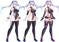 black_gloves black_thighhighs blue_footwear blush breast_expansion breasts celestia_quartz corruption covered_navel elbow_gloves full_body gloves highres kutan large_breasts layered_gloves leotard long_hair magical_girl medium_breasts original pink_shoes pubic_tattoo shoes showgirl_skirt simple_background standing tattoo thighhighs twintails variations white_background white_gloves