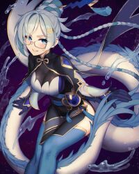 1girl black_gloves blue_eyes blue_hair blue_thighhighs blush braid breasts brooch dragon_girl dragon_tail dragon_tale_fymena duel_monster eastern_dragon_tail glasses gloves hair_ornament hand_on_own_tail highres jewelry large_breasts parted_lips pelvic_curtain rotix smile solo tail thighhighs thighs twin_braids water yu-gi-oh!