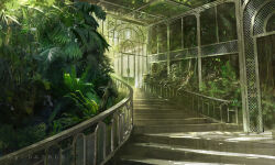 Rule 34 | artist name, commentary, daible, dappled sunlight, day, highres, indoors, no humans, original, plant, railing, scenery, stairs, sunlight, tree