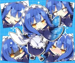 1girl :&lt; apron black_sandals blank_eyes blue_background blue_hair blue_kimono blush chibi chibi_only closed_eyes commentary double_v frilled_apron frills full_body grid_background hands_up highres japanese_clothes kimono long_hair long_sleeves looking_at_viewer maid maid_headdress milkpanda multiple_views nose_blush okobo open_mouth original platform_sandals sandals shaded_face socks standing tabi thick_eyebrows triangle_mouth v white_apron white_socks wide_sleeves yellow_eyes