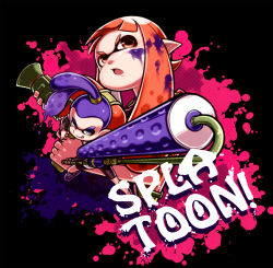 1boy 1girl :d bike_shorts black_background copyright_name dirty highres holding inkling inkling_boy inkling_girl inkling_player_character long_hair long_sleeves looking_at_viewer nintendo nyakkuru open_mouth orange_eyes orange_hair oversized_object paint_roller paint_splatter pointy_ears purple_eyes purple_hair shirt shoes short_hair smile sneakers splat_roller_(splatoon) splatoon_(series) splatoon_1 splattershot_(splatoon) standing super_soaker tentacle_hair topknot