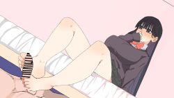 1girl animated bar_censor barefoot black_hair blush censored closed_eyes clothed_female_nude_male cum ejaculation feet footjob highres long_hair nude on_bed oueeeeeeee purple_eyes school_uniform sitting soles toes video