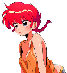 1girl blue_eyes blush braid breasts camisole cleavage commentary medium_breasts medium_hair open_mouth orange_camisole orange_tank_top ranma-chan ranma_1/2 red_hair sanamaru_(sana79261827) simple_background single_braid solo tank_top upper_body white_background