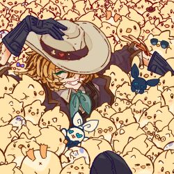 1girl ascot bao_bao_(dokibird) black_gloves black_jacket closed_eyes collared_shirt cowboy_hat dokibird_(vtuber) dokibird_(vtuber)_(bounty_hunter) dragoon_(dokibird) feathers gads_koookwee gloves hat highres indie_virtual_youtuber jacket mei_mei_(dokibird) one_eye_covered shirt sitting smile upper_body virtual_youtuber