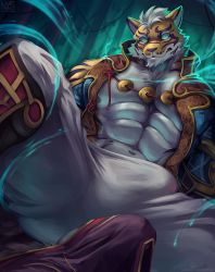 2boys abs animal_ears bara beige_fur blue_eyes bulge bulge_to_ass erection erection_under_clothes furry furry_male gyee imminent_anal imminent_penetration large_pectorals lin_hu_(nekojishi) looking_at_viewer male_focus multiple_boys muscular muscular_male navel nekojishi nurinaki orange_fur paid_reward_available pectoral_cleavage pectorals paid_reward_available short_hair solo_focus stomach thick_thighs thighs tiger_boy tiger_ears yaoi