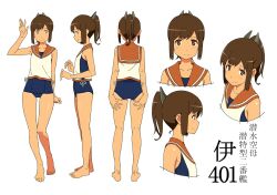 Rule 34 | 1girl, akitetsu, arm up, bare arms, bare legs, barefoot, blue one-piece swimsuit, brown eyes, brown hair, character name, reference sheet, hair ornament, highres, i-401 (kancolle), kantai collection, long hair, multiple views, one-piece swimsuit, orange sailor collar, ponytail, sailor collar, school uniform, serafuku, shirt, side-tie shirt, sidelocks, simple background, sleeveless, sleeveless shirt, smile, swimsuit, swimsuit under clothes, tan, upper body, white background, white shirt