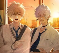 2boys :d ^_^ artist_name black_choker blonde_hair blue_eyes blue_gemstone blue_necktie breast_pocket brown_sweater building buttons cellphone choker closed_eyes cloud collared_shirt commentary_request earrings evening ex_albio ex_albio_(4th_costume) gem green_eyes grin hair_between_eyes hand_up holding holding_phone ibrahim_(nijisanji) index_finger_raised indoors jewelry light_particles long_sleeves looking_at_viewer male_focus multicolored_eyes multiple_boys necktie nijisanji official_alternate_costume open_mouth orange_sky parted_lips phone plaid_clothes plaid_necktie pocket pointing pointing_at_another poster_(object) shion_(ajisionn) shirt short_hair short_sleeves sky smartphone smile sun sunset sweater teeth tree triangle_earrings twitter_username two-tone_eyes upper_body upper_teeth_only virtual_youtuber white_hair white_shirt window